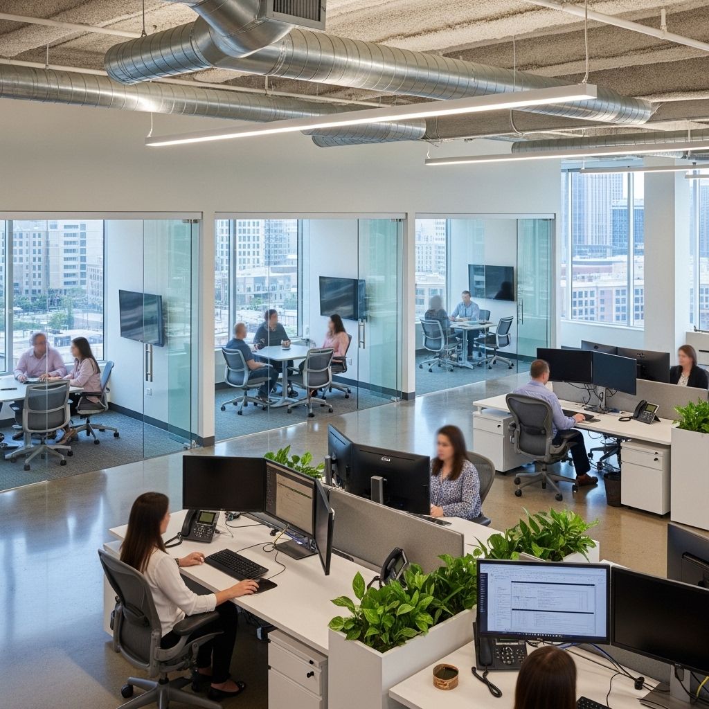 Современный офис Nexor в Атланте с большими окнами, стеклянными переговорными комнатами и сотрудниками за компьютерами