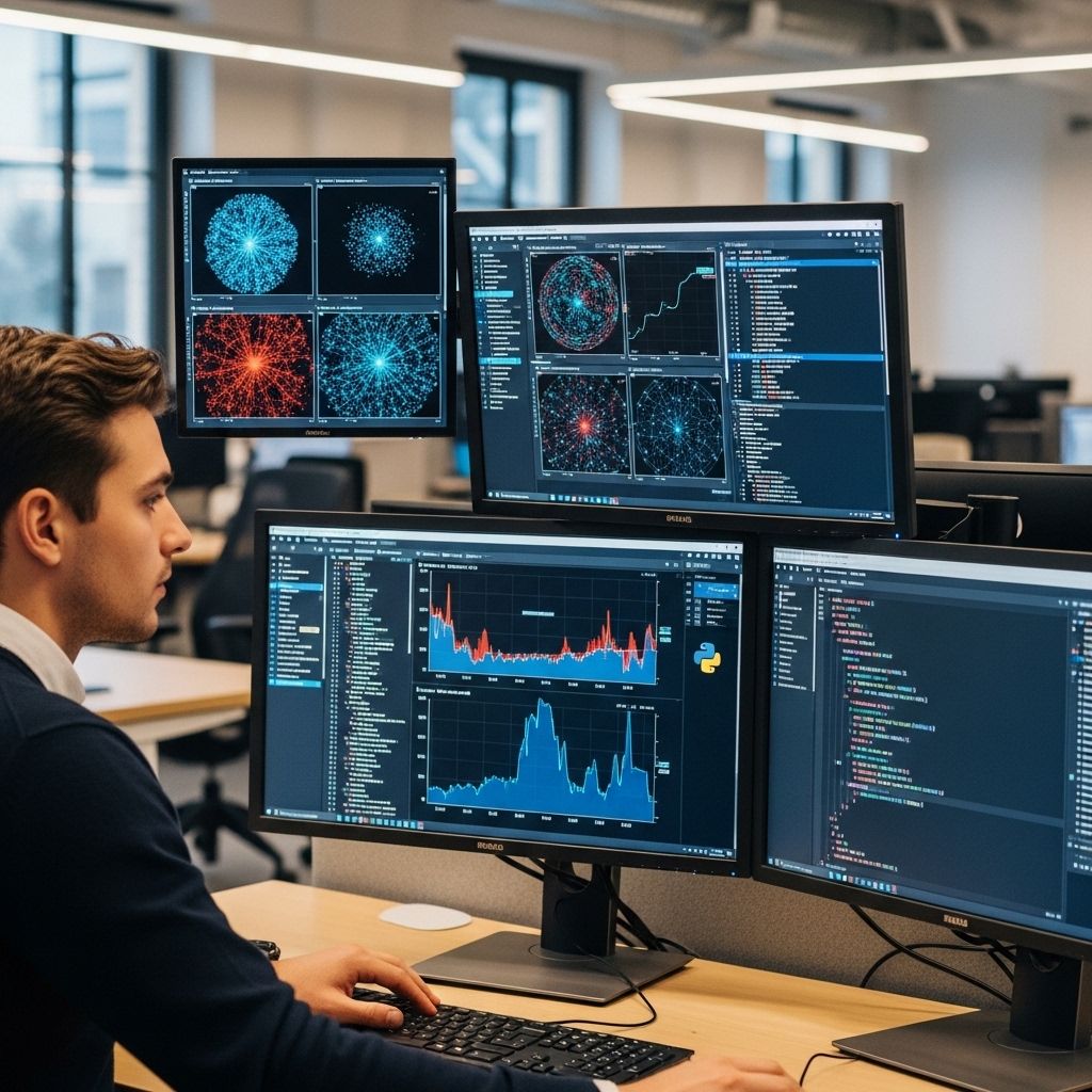 Молодой специалист в области машинного обучения работает за несколькими мониторами с графиками обучения нейросетей