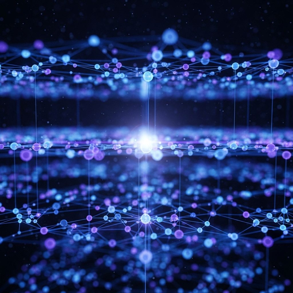 Визуализация архитектуры нейронной сети с соединёнными узлами и потоками данных на тёмном технологичном фоне