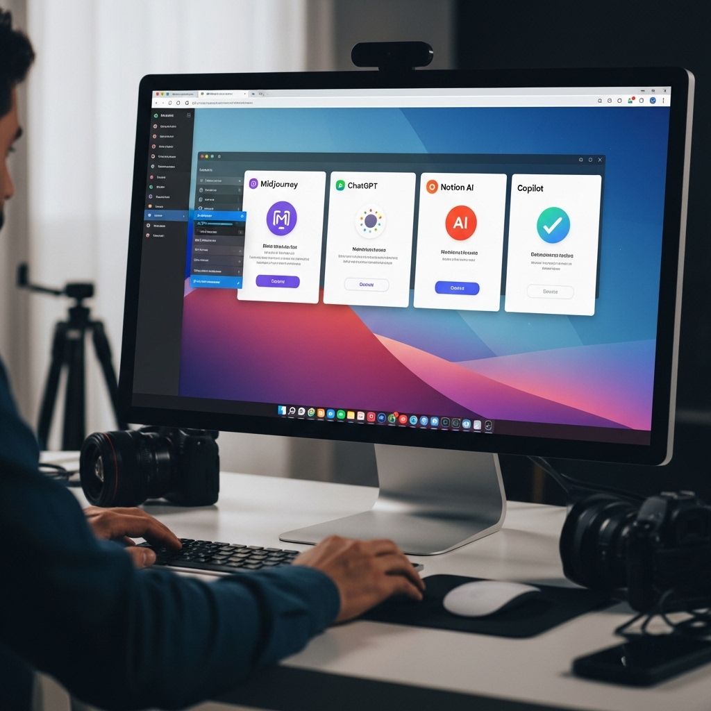 Экран с открытыми AI-инструментами: Midjourney, ChatGPT, Notion AI и Copilot в браузере
