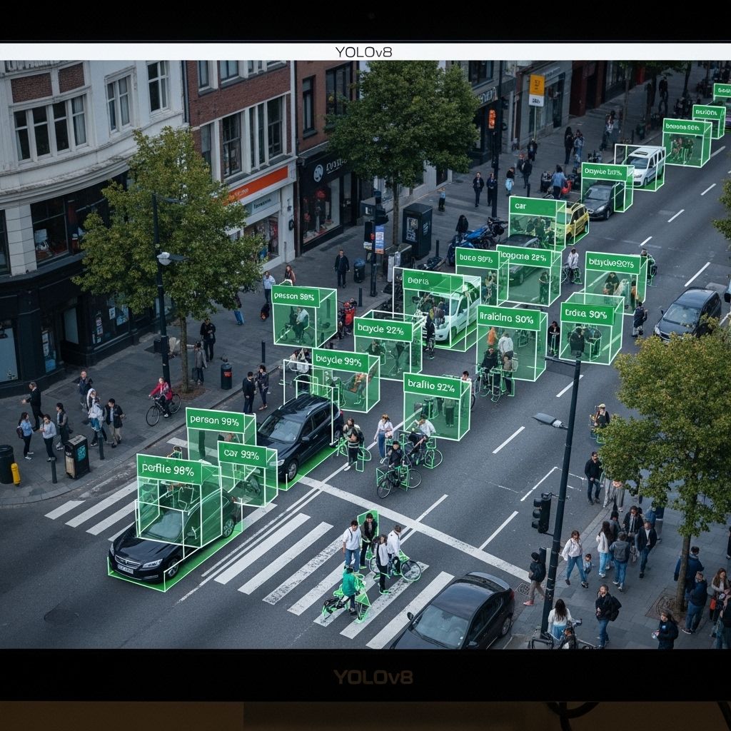 Система компьютерного зрения распознаёт объекты на изображении с разметкой bounding boxes и вероятностями на мониторе