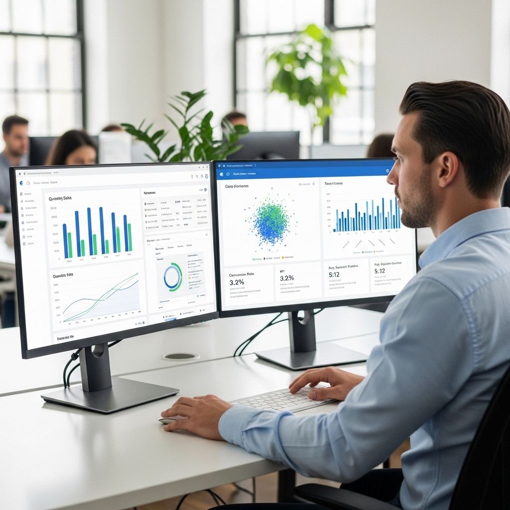 Дата-аналитик изучает интерактивные дашборды с графиками и метриками в современном офисе