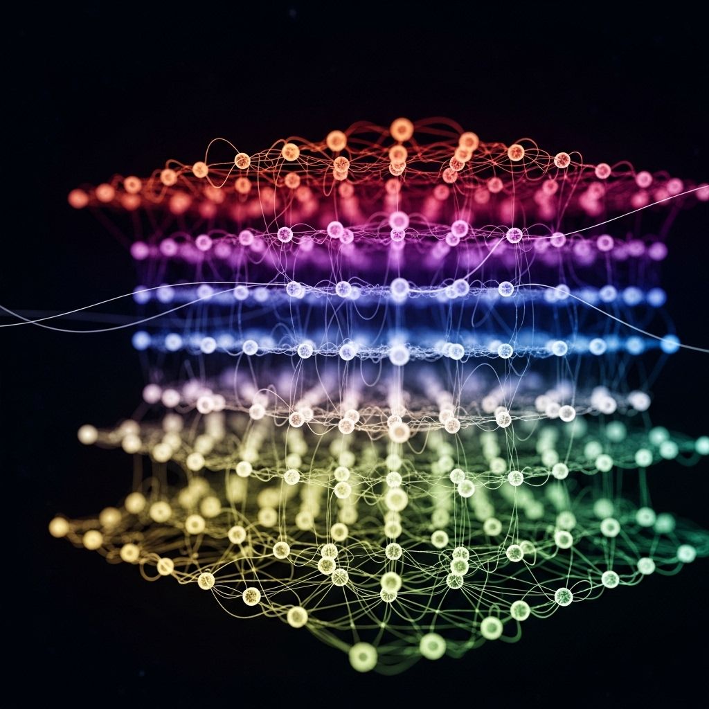 Многоуровневая нейронная сеть с активационными функциями, показанная в виде светящихся узлов на тёмном фоне