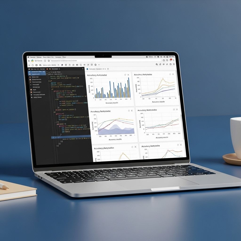 Ноутбук с открытым кодом Python и визуализацией алгоритмов машинного обучения, графики точности и confusion matrix на экране