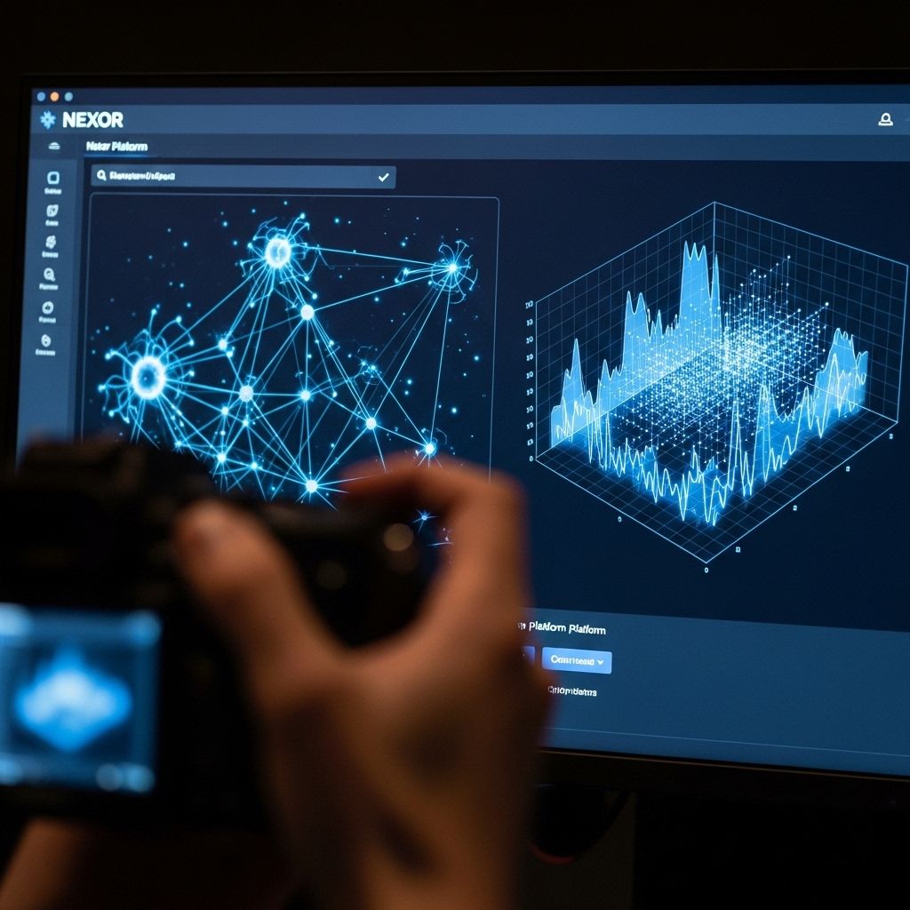 Современный интерфейс платформы Nexor с визуализацией нейронной сети и 3D-графиком данных на тёмном экране с синими неоновыми элементами