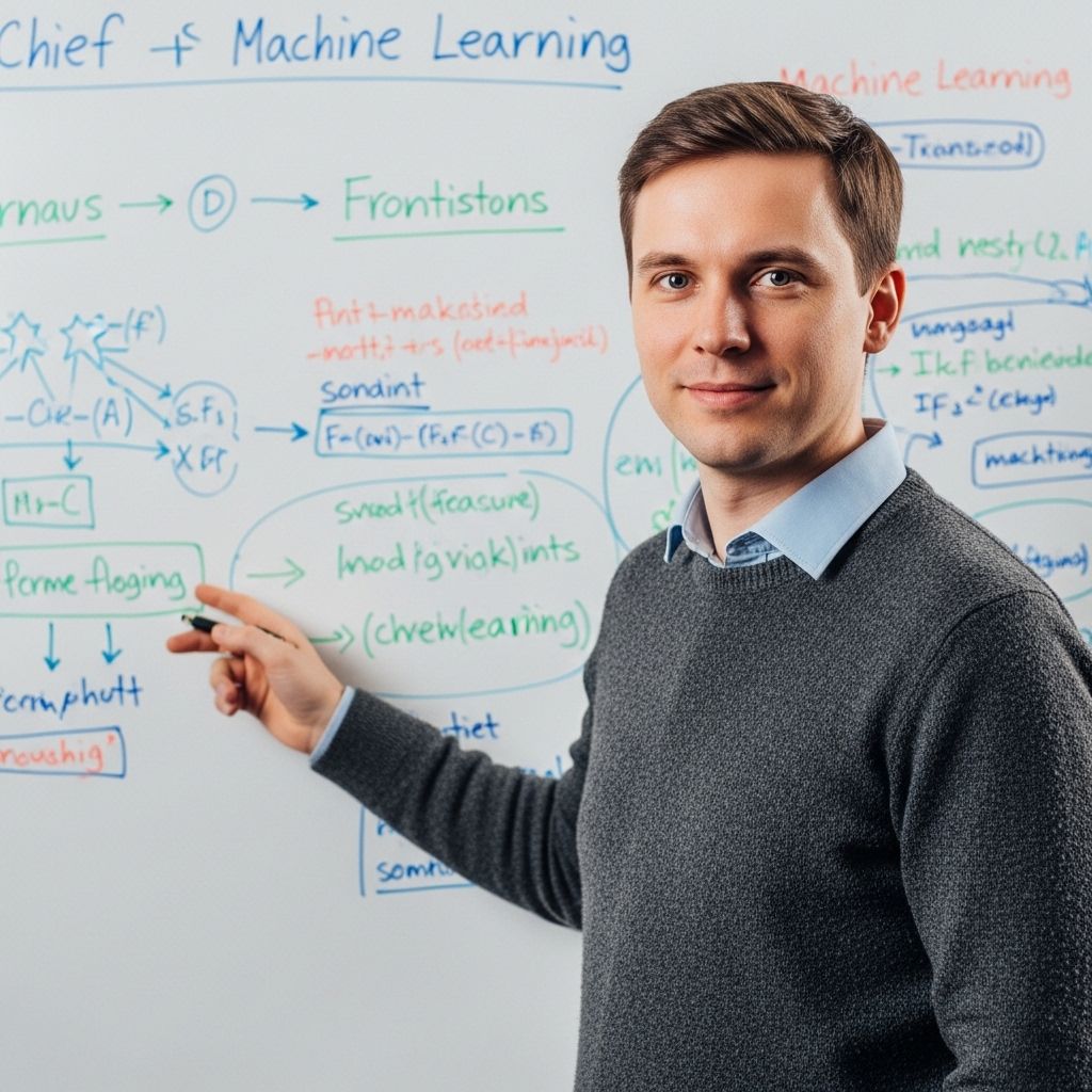 Портрет Виктора Лисовского, главного инструктора по машинному обучению, мужчина 35 лет в свитере перед доской