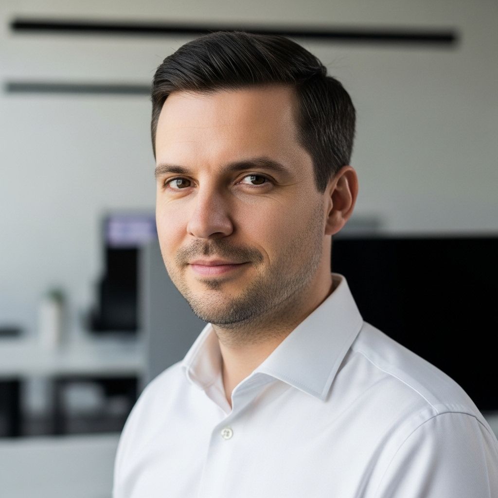 Портрет Михаила Орлова, ML-инженера из Сан-Франциско, мужчина 30-35 лет в деловой рубашке